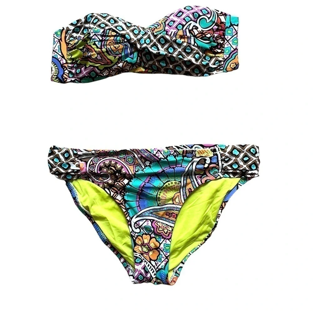 Trina Turk bright multicolor patterned strapless two-piece bikini swimsuit
